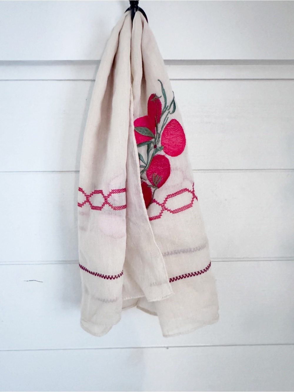 Anthropologie Cream Cotton Scarf with red and green Embroidery 29”